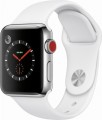 Apple - Geek Squad Certified Refurbished Apple Watch Series 3 (GPS + Cellular), 38mm with Soft White Sport Band - Stainless Steel