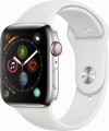 Apple - Apple Watch Series 4 (GPS + Cellular), 44mm Stainless Steel Case with White Sport Band - Stainless Steel-6139648